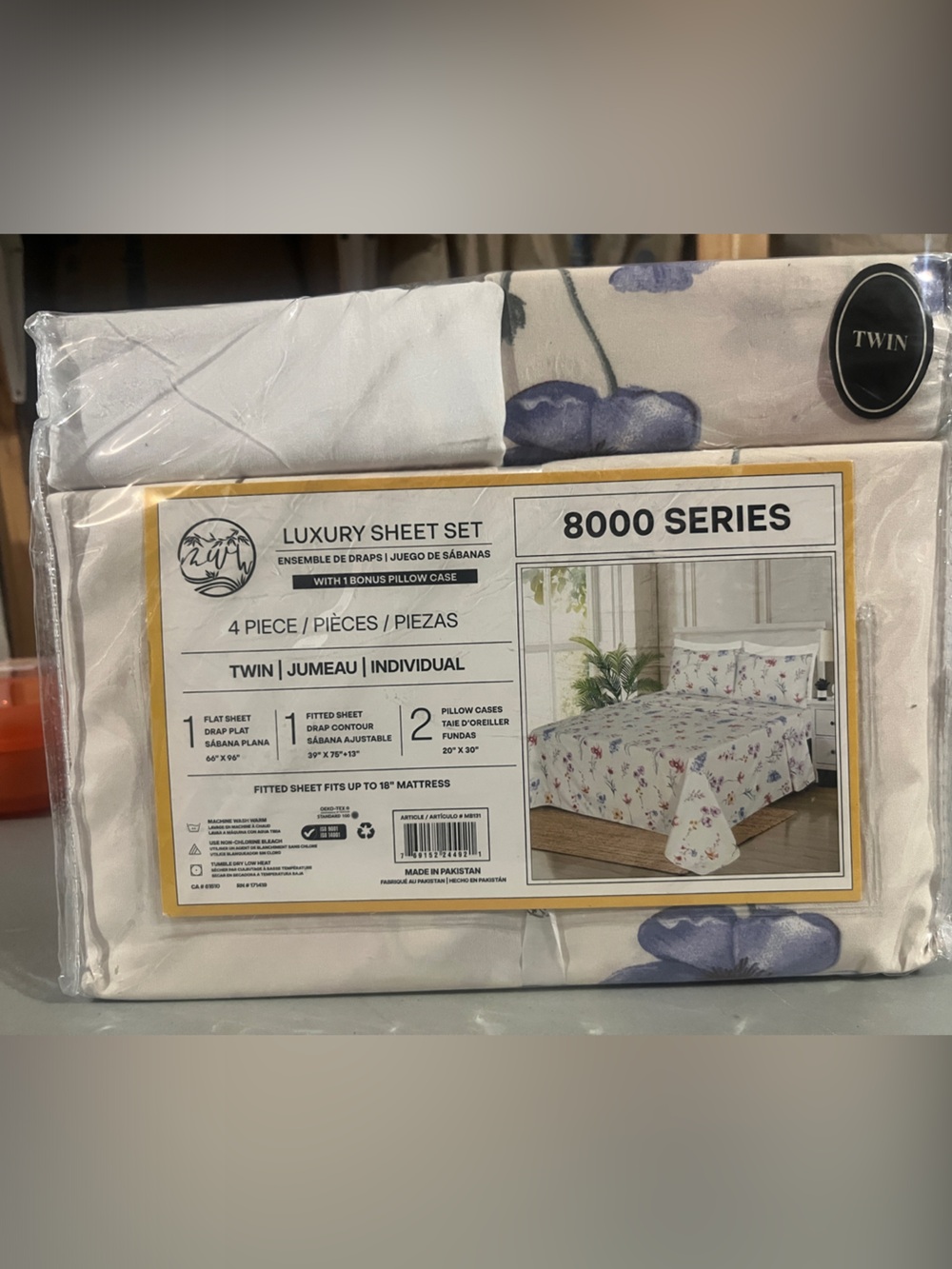 Luxury 8000 Series Twin Sheet Set in White with Blue Floral